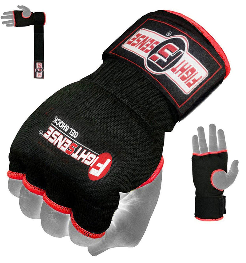 [AUSTRALIA] - FIGHTSENSE Padded Gel Inner Gloves with Long Wraps for Boxing MMA Wrist Hand Wraps Muay Thai Under Gloves Training Pair Black/Red Large 
