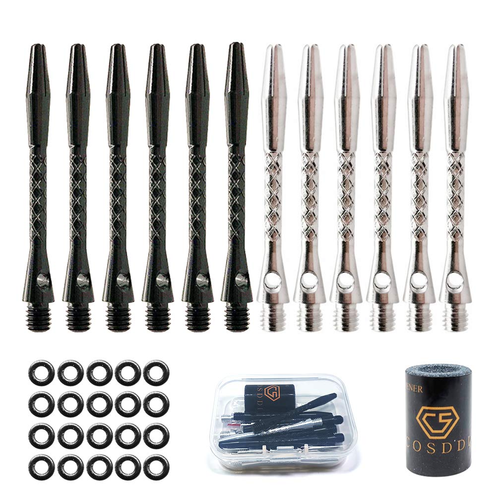 [AUSTRALIA] - COSDDI Dart Shafts Medium 41/45mm, 9/12pcs Aluminum Dart Shafts for Steel tip Throwing Fitting with Rubber O-Rings, Darts Sharpener Black+white 