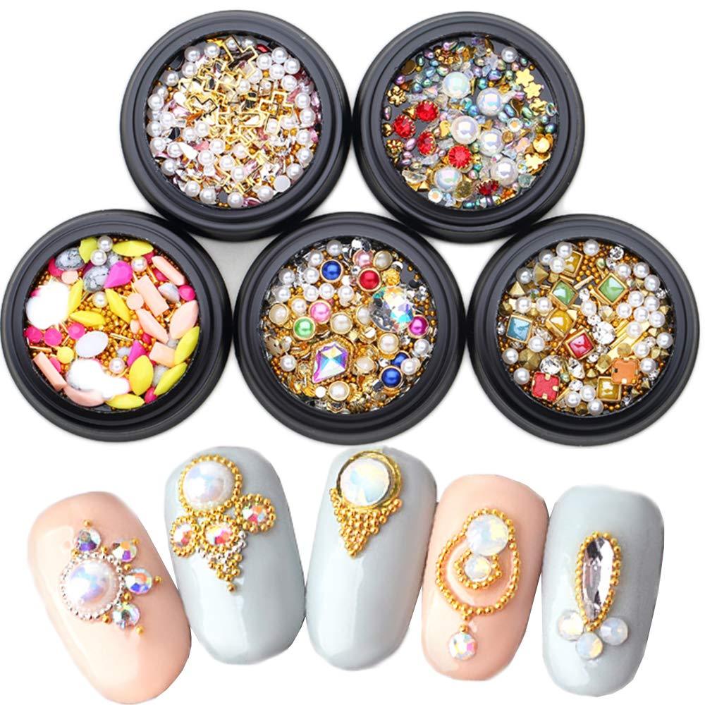 5 Pcs Nails Pearls Metal Nail Art Studs And Clear Rhinestones Mix Colorful Pearls Gem Caviar Beads Design for Women 3D Nail Jewels Charms Decoration Supplies - BeesActive Australia