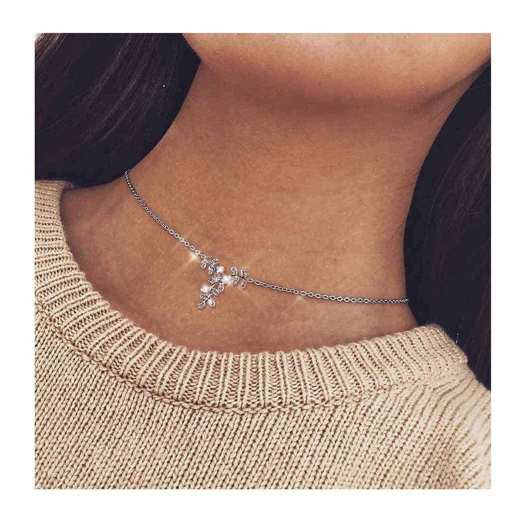 Edary Lovely Crystal Necklace Leaves Clavicle Necklaces Silver Jewelry Accessories for Women and Girls. - BeesActive Australia