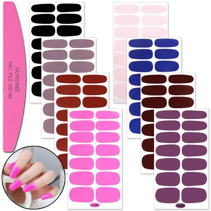 SILPECWEE 8 Sheets Adhesive Nail Art Polish Stickers Strips and 1Pc Nail File Glittery Solid Color Design Nail Wraps Decals Manicure Tips Set NO1 - BeesActive Australia