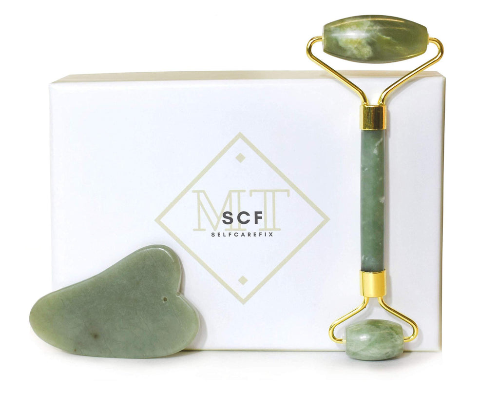 SelfcareFix - Anti-Aging Natural Skincare Kit - Jade Facial Roller and Gua Sha Stone Spa Tools - For Face, Eyes, Back, and Body - BeesActive Australia