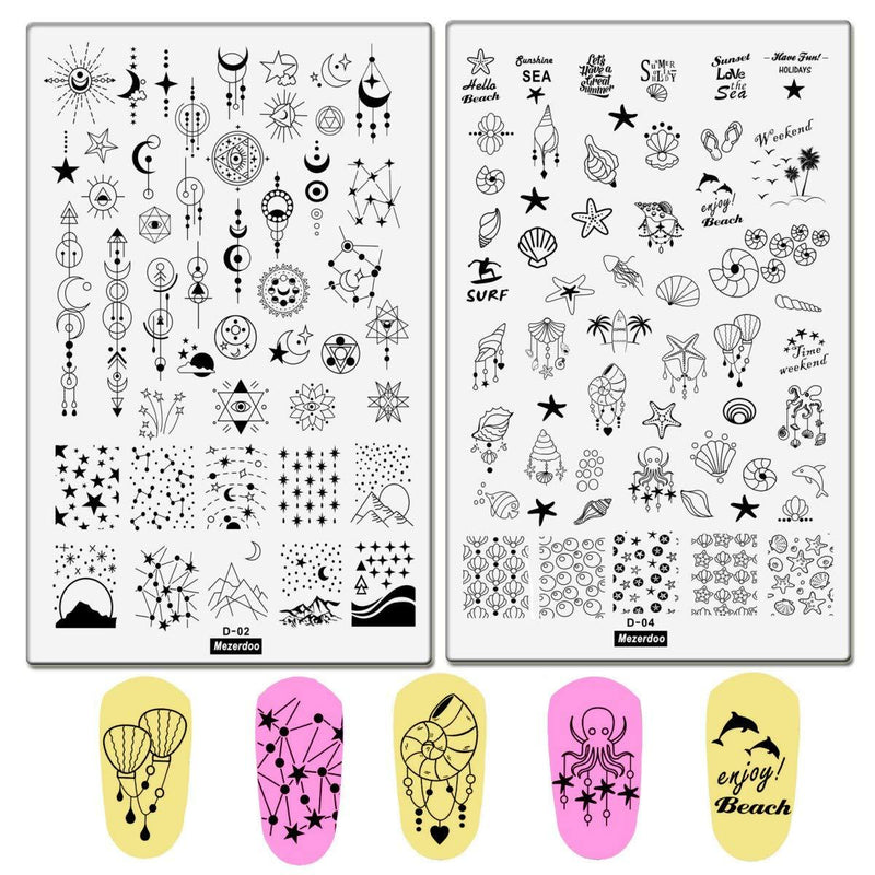 2pcs Sea Shell Pattern Nail Stamping Plates Geometry Flowers Image Painting Nail Art Stencils English Letter Manicure Template 9.5x14.5CM Moon Star Space Design Nail Stamp Tools (D-02 and D-04) D-02 and D-04 - BeesActive Australia