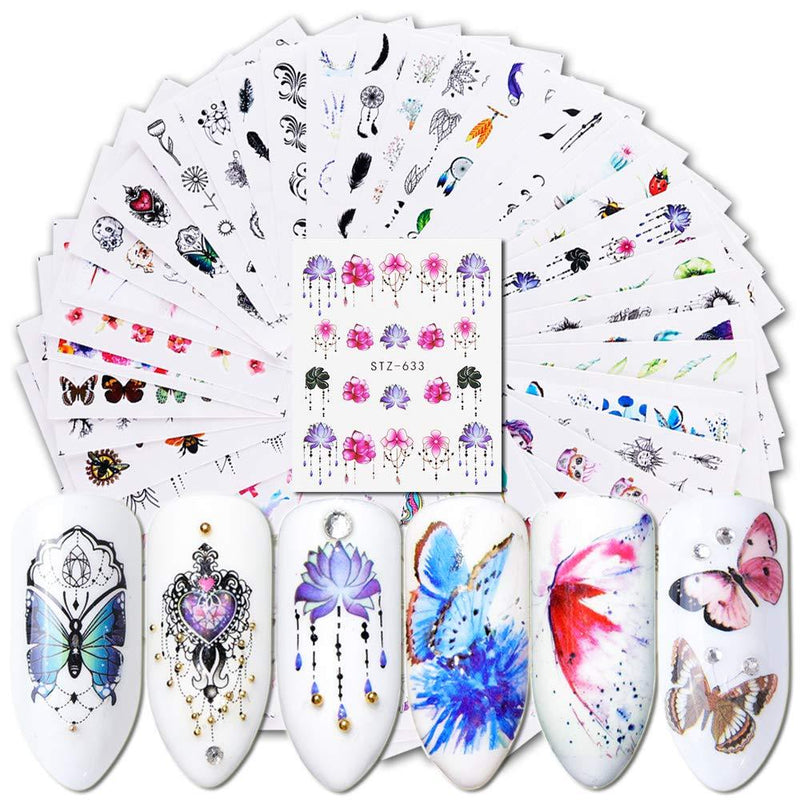 Nail Art Stickers 40 Sheets Nail Decals for Women Manicure Design Decorations Assorted Butterfly Black Flower Pendant Leaf Patterns Nail Water Transfer Stickers for Fingernails Toenails Tips Decor - BeesActive Australia