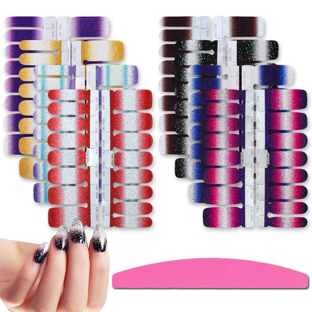 SILPECWEE 8 Sheets Glitter Nail Polish Strips Stickers and 1Pc Nail File Gradient Adhesive Nail Wraps Decals Manicure Strips Kit for Women - BeesActive Australia
