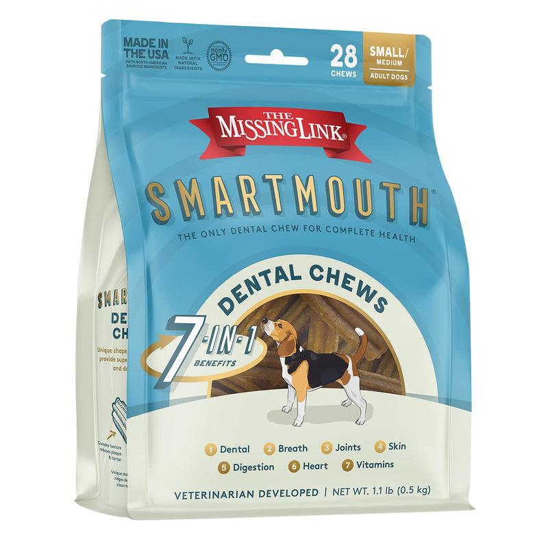 The Missing Link Smartmouth Vet Developed Dental Chew Treats, 7-in-1 Benefits: Healthy Teeth & Gums, Breath, Skin, Joints, Digestion, Heart, Immune System – Small/Medium 15-50lb Dogs 28 Count (Pack of 1) - BeesActive Australia
