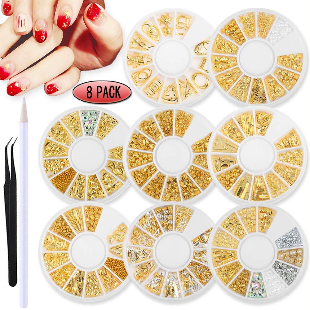 SILPECWEE 8 Boxes 3D Nail Art Decoration Set Hollow Nail Studs Ocean Nail Charms Nail Rhinestones Nail Jewelry Kit With 1Pc Tweezers And Picker Pencil - BeesActive Australia