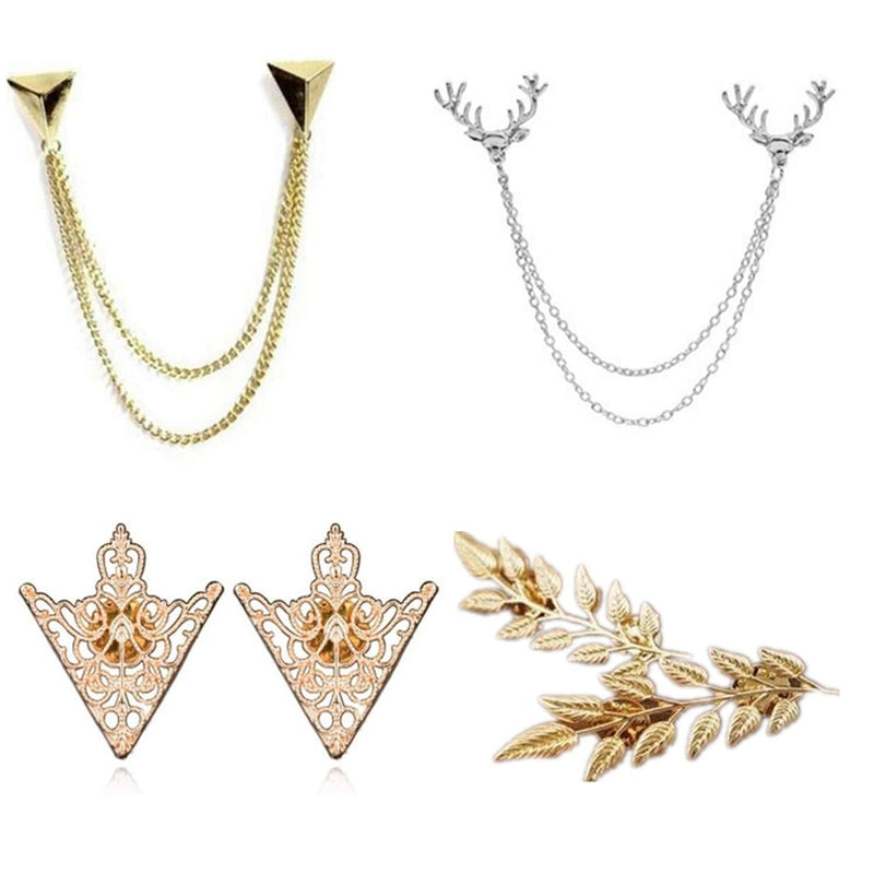 YouU 4 Pcs Deer Head Double Link Chains, Gold Stud, Retro Hollow Pattern and Angle Triangle Tassels Collar Pins Brooch Clip Pin Brooches Shirt Collar Decoration Parts with Free Box - BeesActive Australia