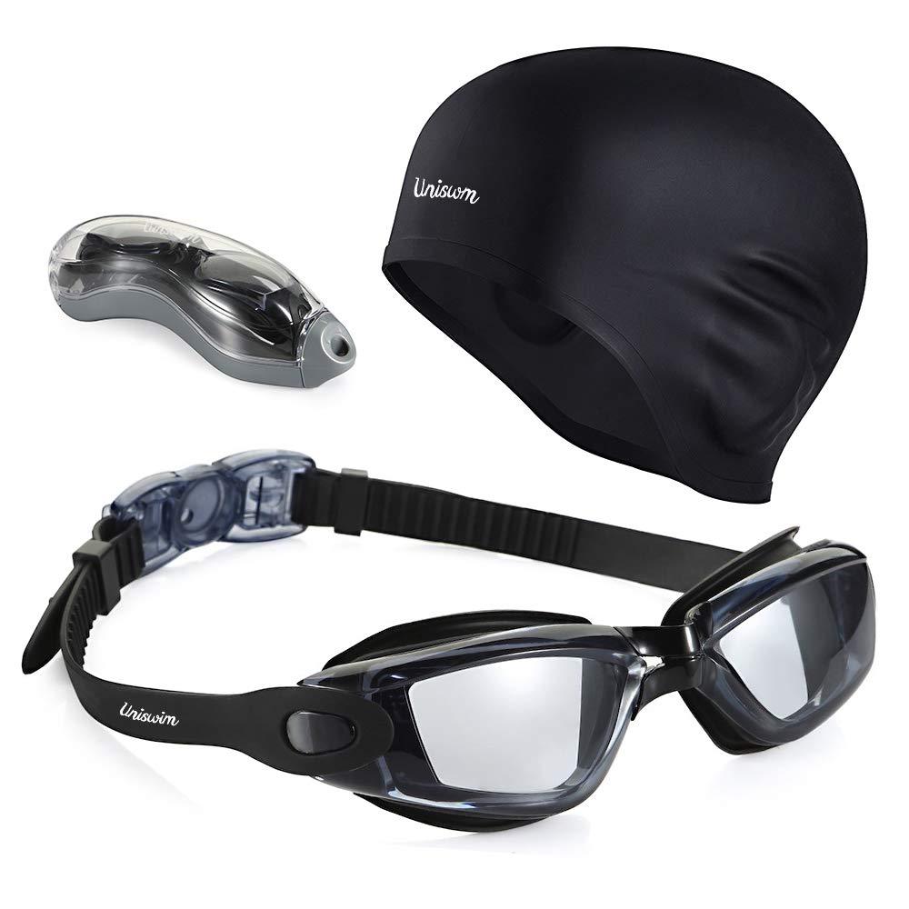 Uniswim Swimming Goggles Swim Cap Set,Anti Fog Swim Goggles Silicone Swimming Cap for Adults Black - BeesActive Australia