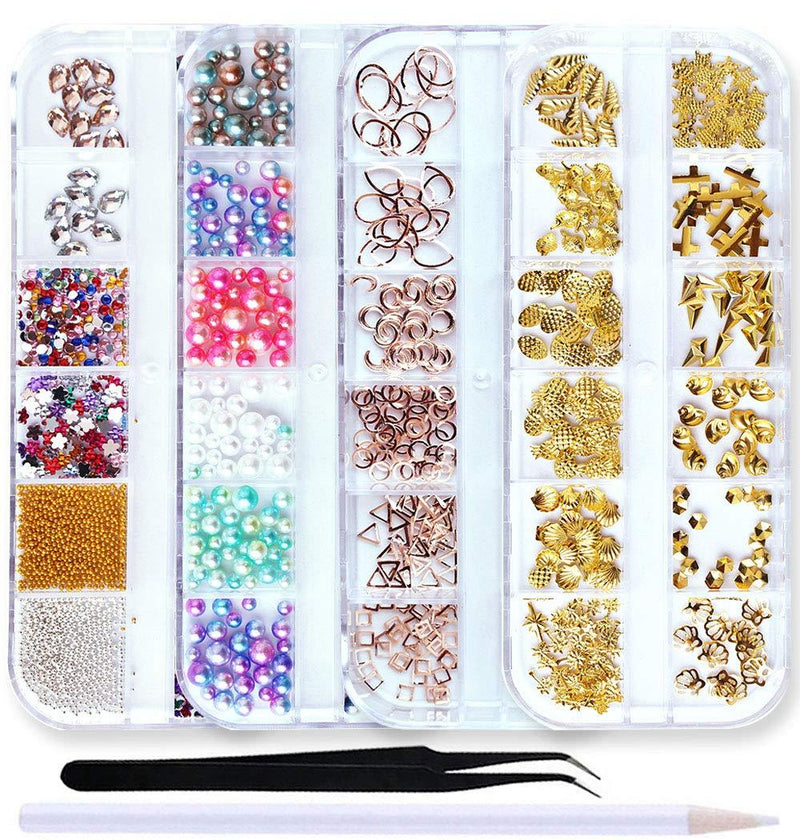 SILPECWEE 4 Boxes 3D Nail Art Rhinestone Set Mermaid Pearls Hollow Nail Studs Colorful Nail Rhinestones Manicure Jewelry With 1Pc Tweezers And Picker Pencil No1 - BeesActive Australia