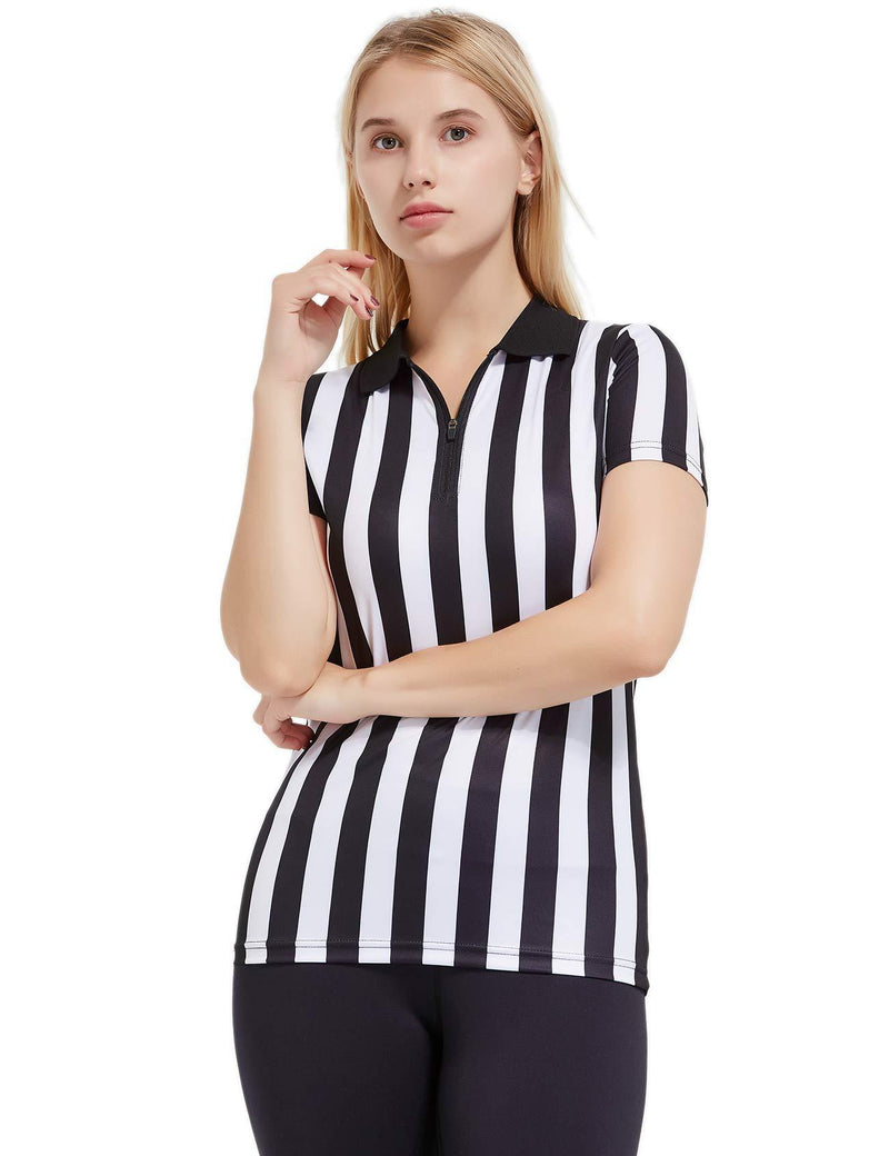 FitsT4 Women's Black & White Stripe Referee Shirt,Zipper Referee Jersey Short Sleeve Ref Tee Shirt for Refs, Waitresses & Costume X-Small - BeesActive Australia