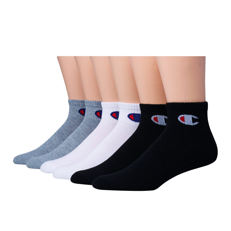 Double Dry Moisture Wicking Champion Logo 6 or 12 Pack Ankle Socks White/Grey/Black (6 Pack) 6-12 - BeesActive Australia