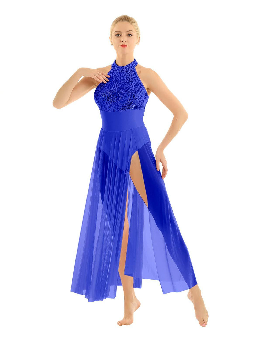 [AUSTRALIA] - TiaoBug Women's Lyrical Adult Sequins Ballet Dance Dress Leotard Flowy Split Skirt Blue X-Small 