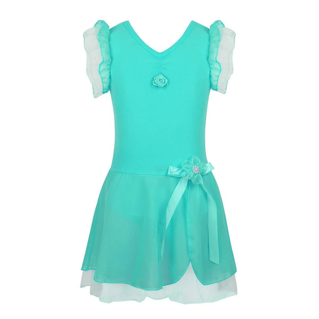 [AUSTRALIA] - winying Kids Girls V Neck Ruffled Shoulder Flower Ballet Dance Leotard Dress Tutu Skirt Turquoise 7 / 8 