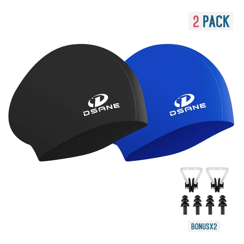 Womens Silicone Swim Cap for Long Hair,3D Ergonomic Design Silicone Swimming Caps for Women Kids Men Adults Boys Girls with Ear Plug and Nose Clip 2 Pack 2pack black&blue - BeesActive Australia
