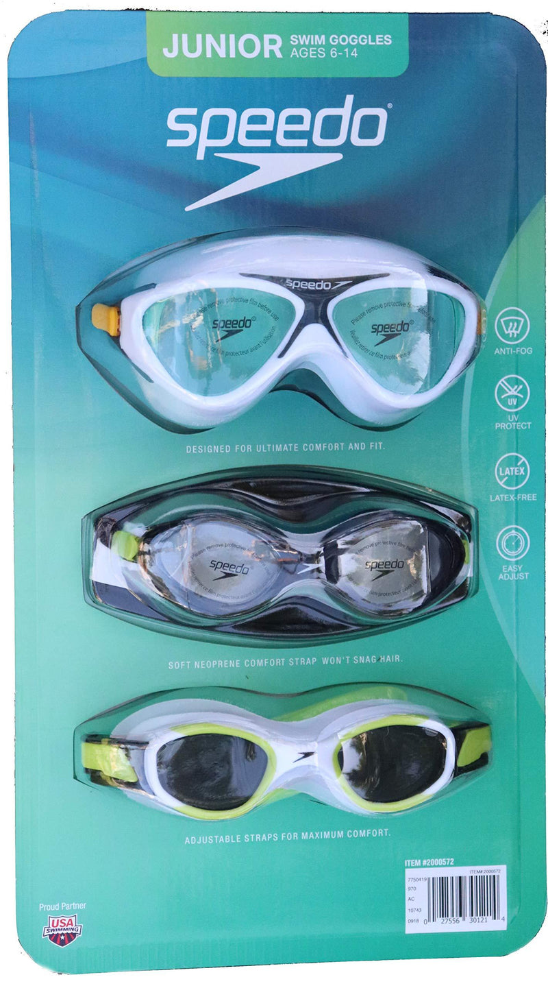 [AUSTRALIA] - Speedo Junior Swim Goggles 3-Pack, Multi-Color & Shape - Variety Pack White/Black/White 