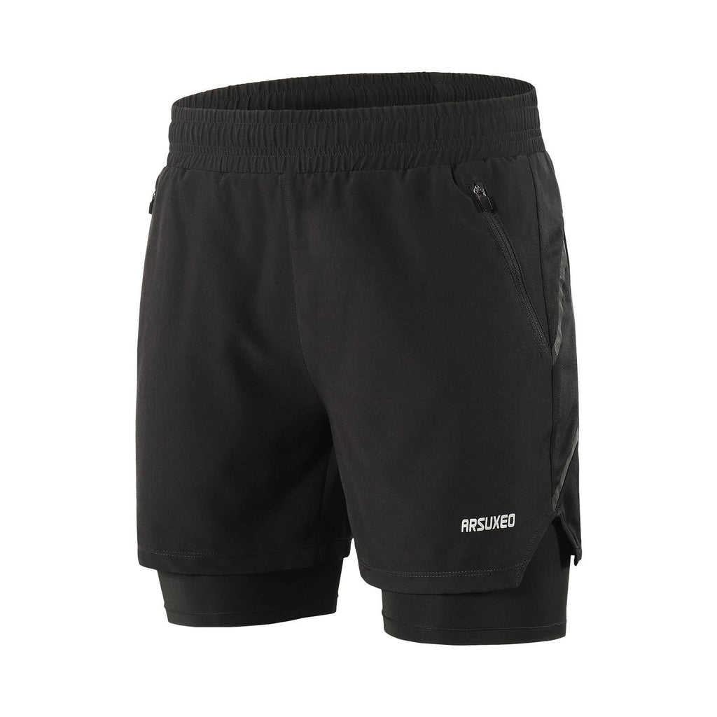 [AUSTRALIA] - ARSUXEO Men's 2 in 1 Active Running Shorts with 2 Zipper Pockets B191 Black X-Large 