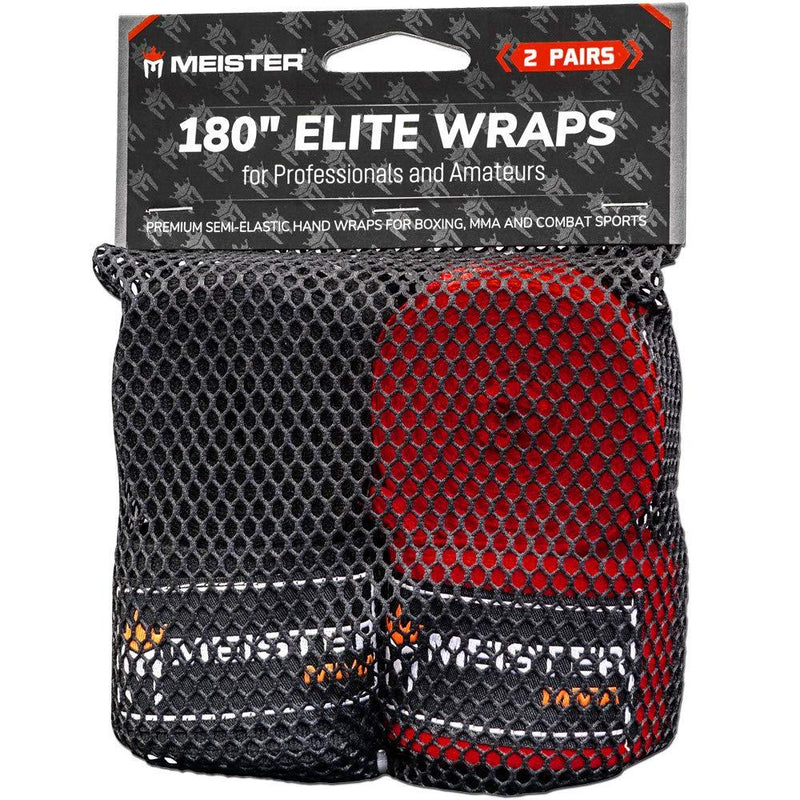 [AUSTRALIA] - Meister Elite 180" Premium Adult Hand Wraps for MMA & Boxing - 2 Pair Pack w/Mesh Bag Black & Blood Red 