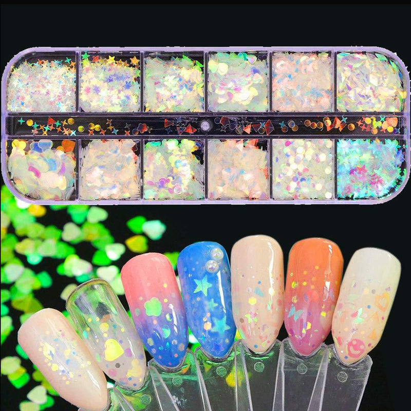 Mrsyel 12 Boxes Holographic Nail Art Glitter Kit Sequins Iridescent Mermaid Flakes Heart Glitters Confetti Butterfly Sticker Manicure Nail Supplies Decals Resin Carfts Decoration (1-Mermaid) 1-Mermaid - BeesActive Australia