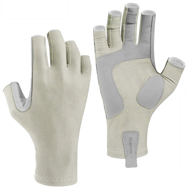 [AUSTRALIA] - Riverruns Fingerless Fishing Gloves- Fishing Sun Gloves- UV Protection Gloves Men and Women Fishing, Boating, Kayaking, Hiking, Running, Cycling and Driving. Light Gray Medium 