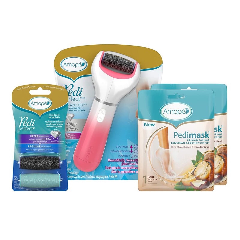 Amope Pedi Perfect Spa Experience Pampering Pack containing an electronic foot file, 2 pairs of macadamia oil foot masks and 2 refills (Packaging May Vary) (Pack of 1) - BeesActive Australia