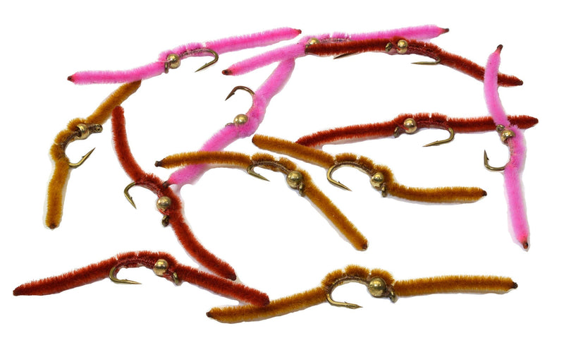 Tungsten Bead Head San Juan Worm Fishing Flies - 1 Dozen on Mustad Signature Fly Hook Size 14 - Available in Red, Pink, Brown or Assorted - BeesActive Australia