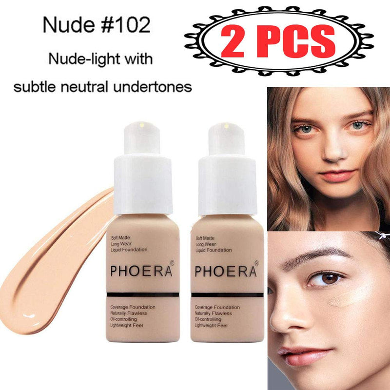 2Pcs Matte Oil Control Concealer Foundation Cream Concealer Cover Cream Long Lasting Moisturizing Base Liquid Foundation Flawless Colour Changing Foundation for women&girls(102) 102 - BeesActive Australia