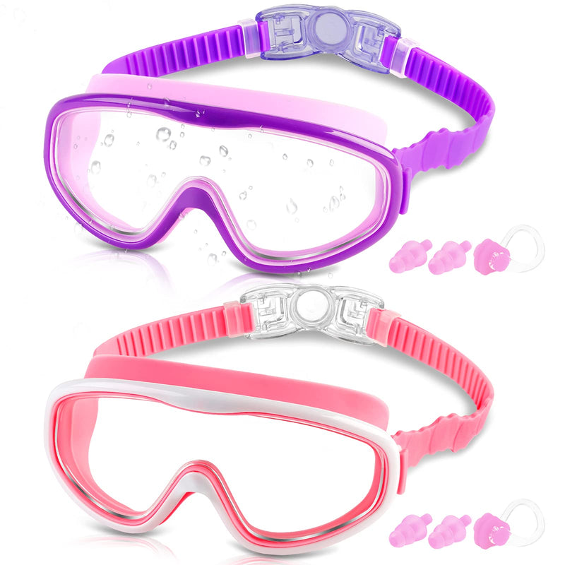 COOLOO Kids Goggles for Swimming for Age 3-15, 2 Pack Kids Swim Goggles with nose cover, No Leaking, Anti-Fog, Waterproof A. Purple+pink - BeesActive Australia