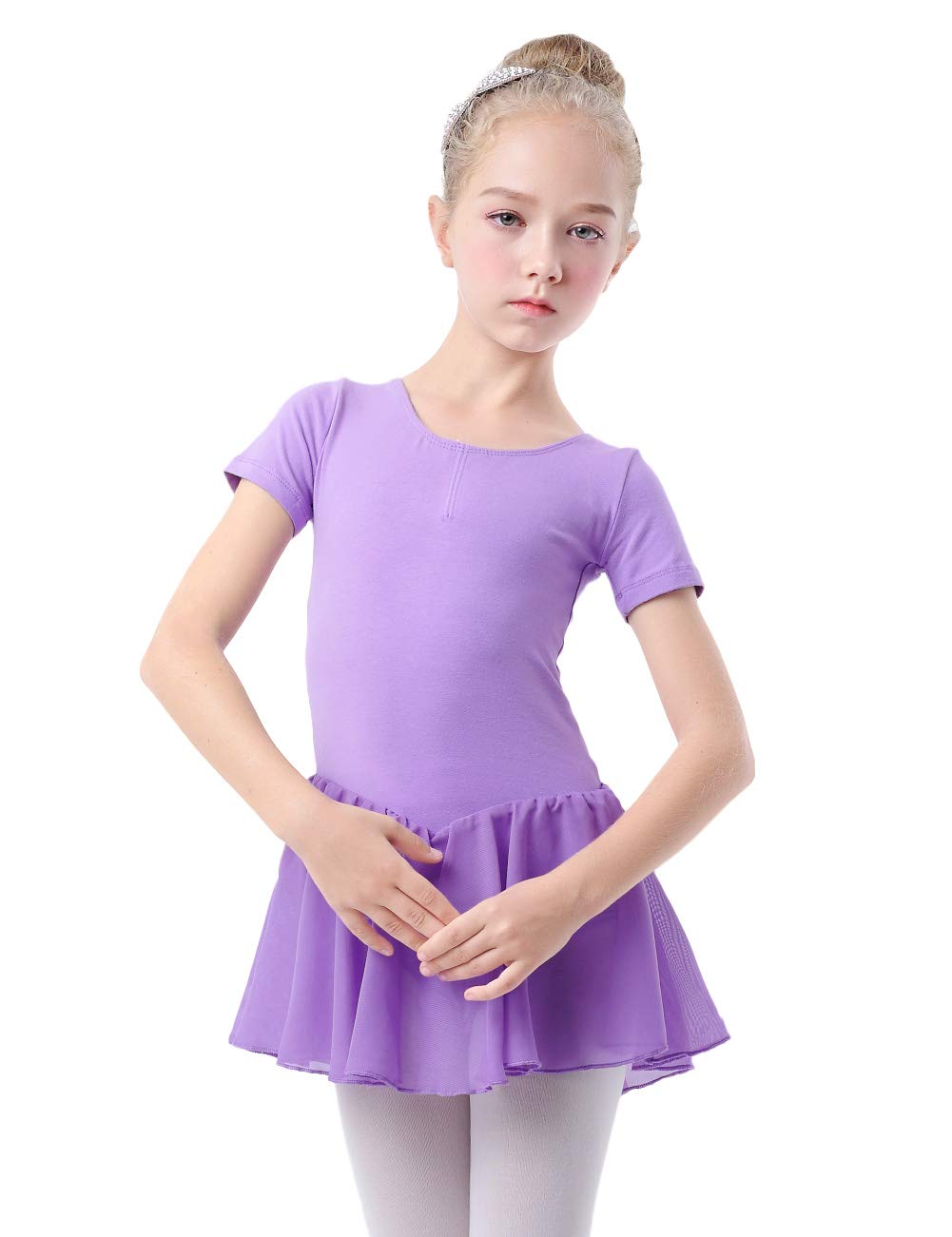 Daydance Skirted Leotards Girls Short Sleeve Leotard Dress for Ballet, Dance Lavender-short Sleeve 7-8 Years - BeesActive Australia