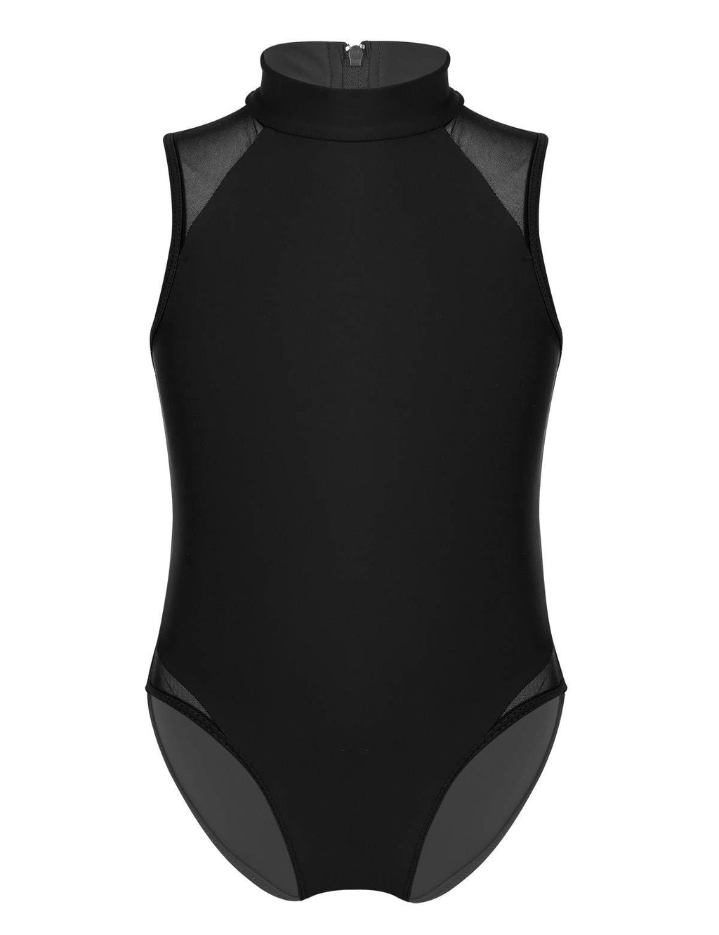 [AUSTRALIA] - moily Kids Girls High Turtleneck Zipper Back Tank Leotard with Mesh Shoulders Gymnastics/Dance/Sports Unitard Black 12-14 