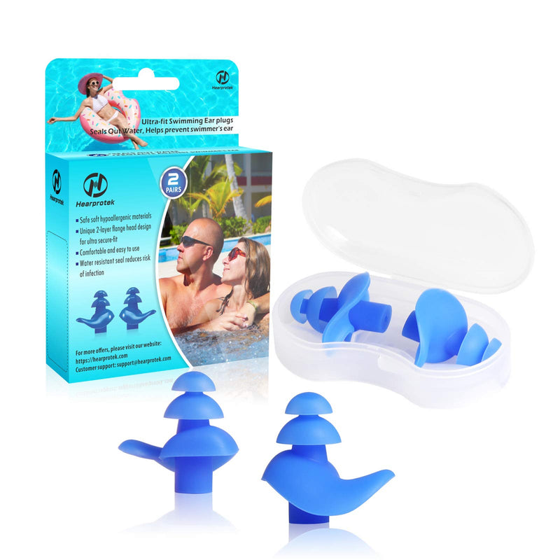 Upgraded Design Silicone Swimming Earplugs, Hearprotek 2 Pairs Waterproof Reusable Ear Plugs for Swimming Showering Bathing Surfing and Other Water Sports Adult Size Blue - BeesActive Australia