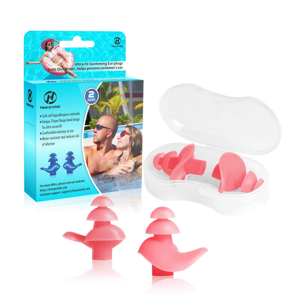 Upgraded Design Silicone Swimming Earplugs, Hearprotek 2 Pairs Waterproof Reusable Ear Plugs for Swimming Showering Bathing Surfing and Other Water Sports Adult Size Pink - BeesActive Australia