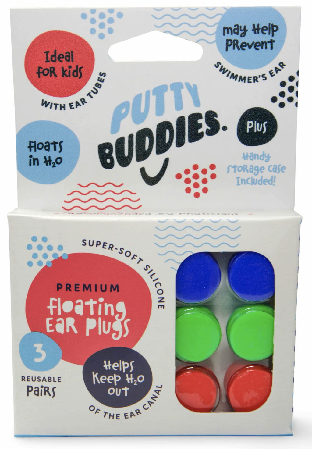 PUTTY BUDDIES Floating Earplugs 3-Pair Pack – Soft Silicone Ear Plugs for Swimming & Bathing – Invented by Physician – Keep Water Out – Premium Swimming Earplugs – Doctor Recommended Blue/Red/Green - BeesActive Australia