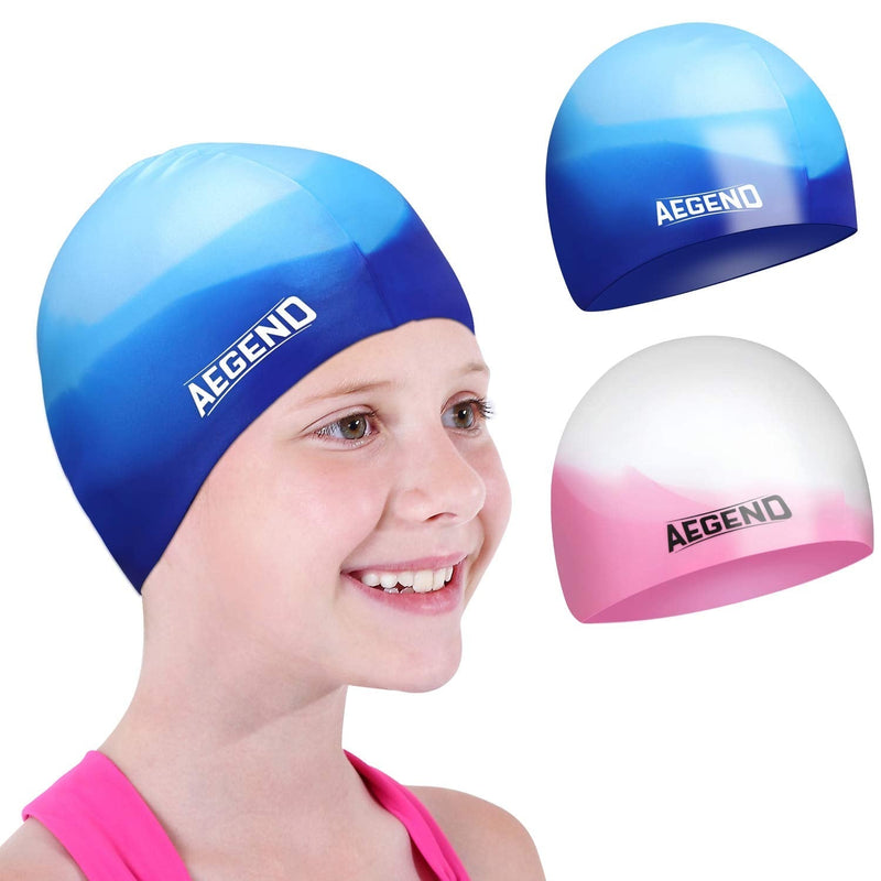 Aegend 2 Pack Swim Cap for (Age 2-12), Durable Silicone Swimming Cap for Kids Youths, Comfortable Fit for Long Hair and Short Hair, 6 Colors Blue & Pink Medium(age 4-8) - BeesActive Australia