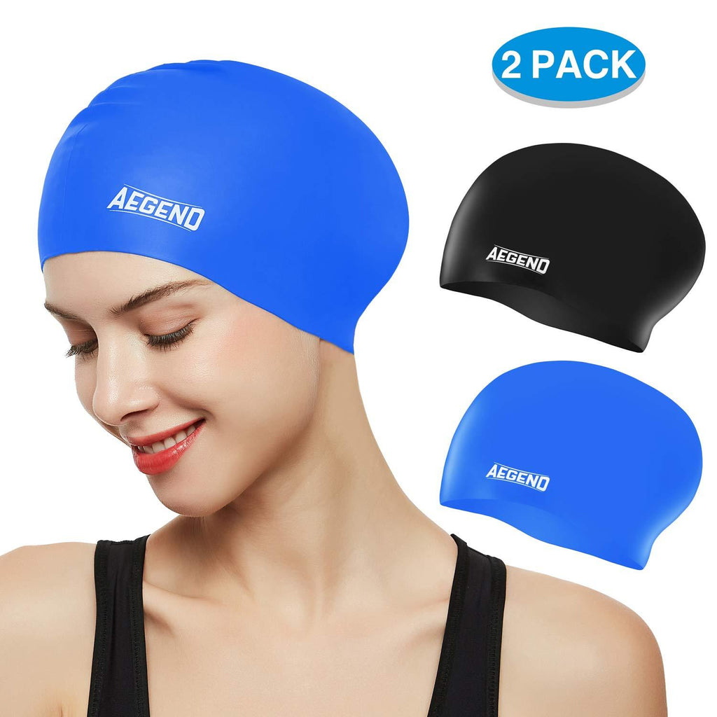 [AUSTRALIA] - Aegend Swim Caps for Long Hair (2 Pack), Durable Silicone Swimming Caps for Women Men Adults Youths Kids, Easy to Put On and Off, 4 Colors Black Blue 