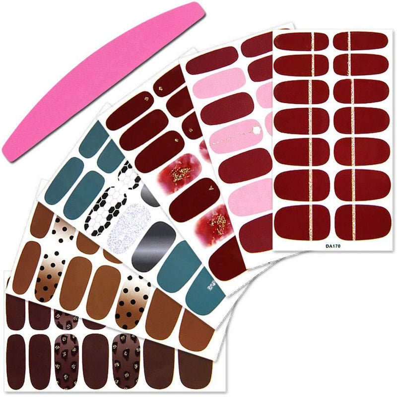 SILPECWEE 6 Sheets Adhesive Nail Polish Stickers Strips Solid Color and 1Pc Nail File Full Wraps Nail Art Decal Manicure Design for Women - BeesActive Australia