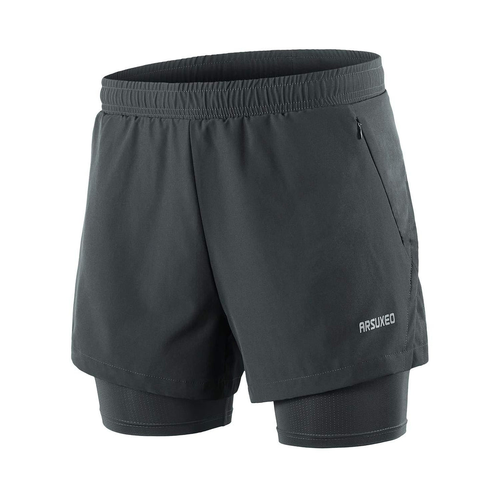 [AUSTRALIA] - ARSUXEO Men's 2 in 1 Running Shorts Breathable Zipper Pocket B202 Dark Grey Small 