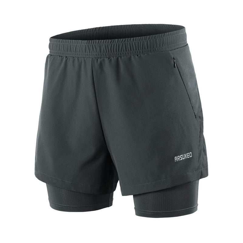 [AUSTRALIA] - ARSUXEO Men's 2 in 1 Running Shorts Breathable Zipper Pocket B202 Dark Grey Small 