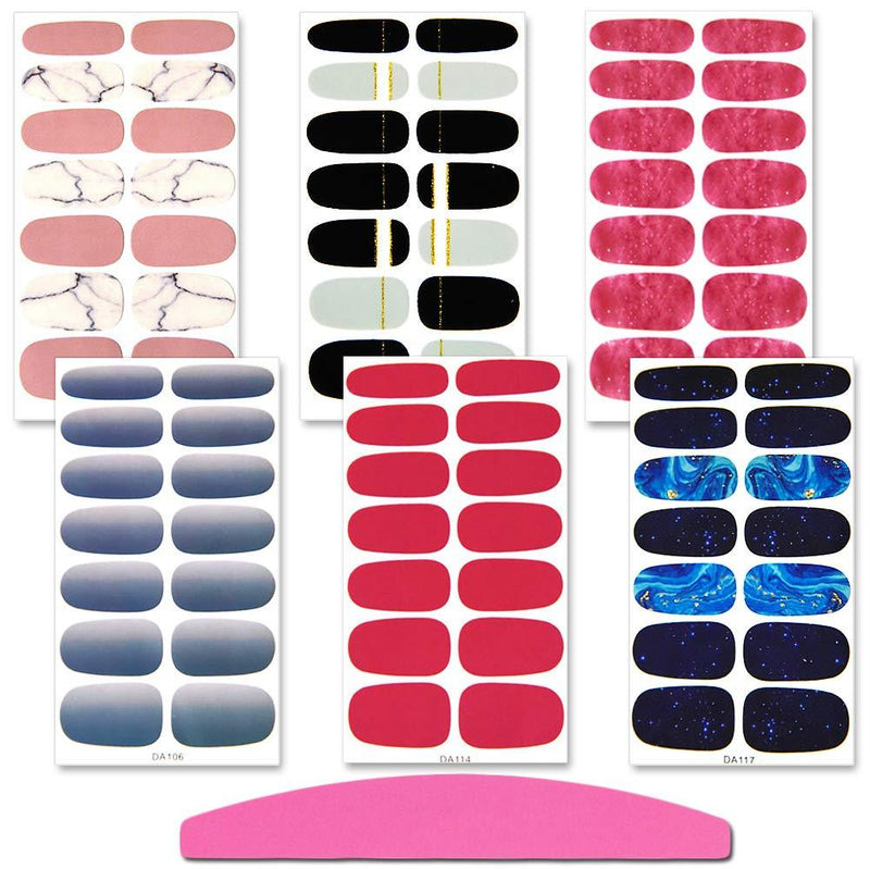 SILPECWEE 6 Sheets Solid Color Nail Art Polish Stickers Strips And 1Pc Nail File Gradual Change Adhesive Nail Wraps Decals Manicure Tips - BeesActive Australia