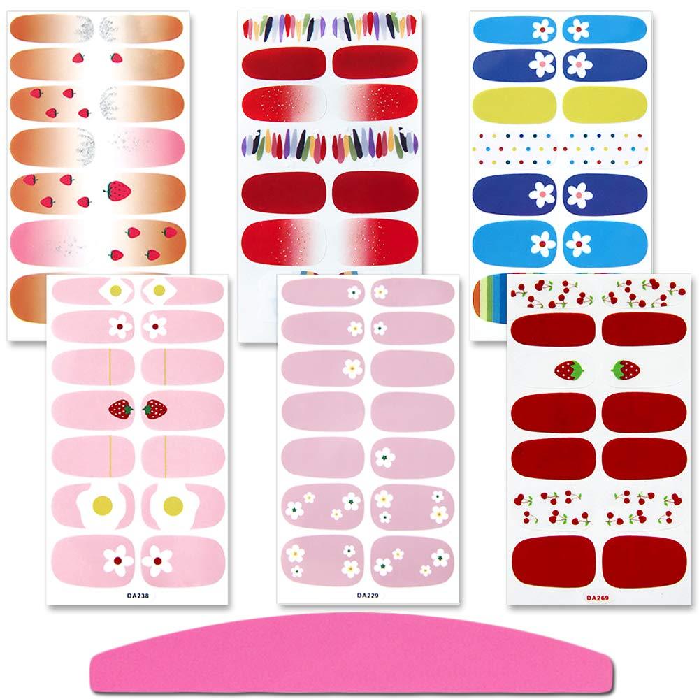 SILPECWEE 6 Sheets Rainbow Nail Polish Stickers Strips Set and 1Pc Nail File Flower Adhesive Nail Art Wraps Decals Tips Manicure Decoration No5 - BeesActive Australia