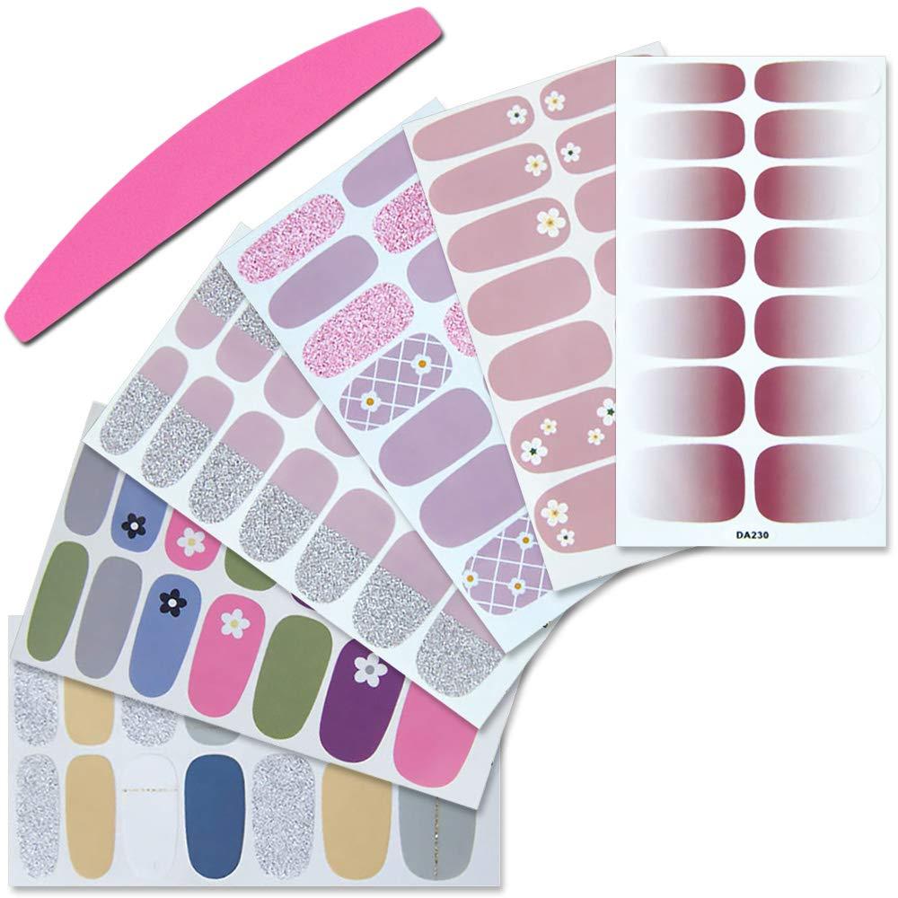 SILPECWEE 6 Sheets Nail Polish Stickers Glitter and 1Pc Nail File Colorful Adhesive Nail Strips Decals Full Wraps Manicure Accessories - BeesActive Australia