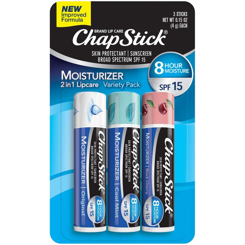 ChapStick Moisturizer Original, Black Cherry and Cool Mint Lip Balm Tubes Variety Pack, SPF 15 and Skin Protectant - 0.15 Oz (Pack of 3) - BeesActive Australia