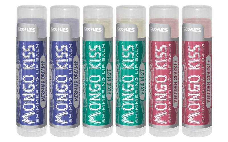 MONGO KISS Shimmering Lip Balms (6 tubes) by Eco Lips 100% Natural Lip Balms featuring Organic Mongongo Oil, Cotton Candy, Sherbet and Blueberry Pie flavors - Made in USA. - BeesActive Australia