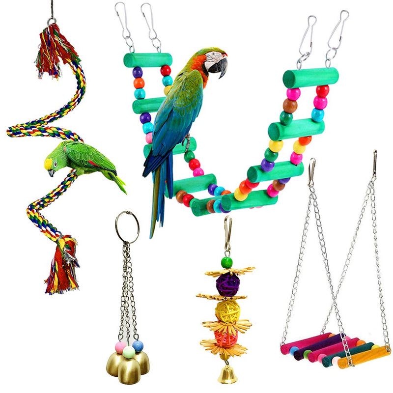 5 Pcs Bird Perches Cage Toys Hanging Bell Swing Chewing Toys Wooden Ladder Hammock for Small and Medium Parrot Birds, Cockatiels, Conures, Macaws, Finches - BeesActive Australia