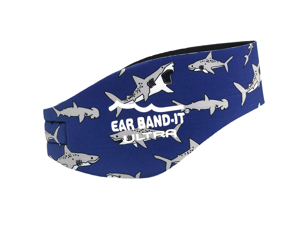 [AUSTRALIA] - Ear Band-It Ultra Swimming Headband - Best Swimmer's Headband - Keep Water Out, Hold Earplugs in - Doctor Recommended - Secure Ear Plugs - Invented by ENT Physician Sharks Medium (ages 4-9) 