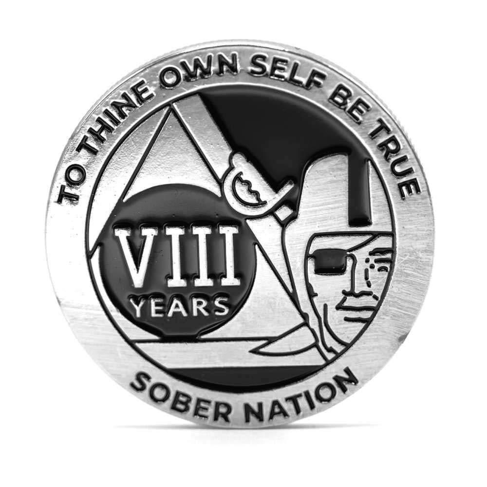 [AUSTRALIA] - MyRecoveryStore Silver and Black Pirate Alcoholics Anonymous AA Chip w/Coin Capsule AA Yearly Medallion 1-50 Years Year 8 