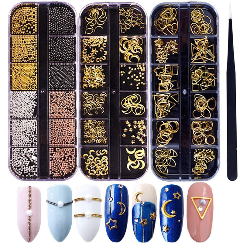 3D Nails Art Metal Charms Studs Jewels Decals Decorations Accessories 800+Pieces Gold Nail Micro Caviar Beads Star Moon Rivet Design Supplies with Tweezers Nail Tools - BeesActive Australia