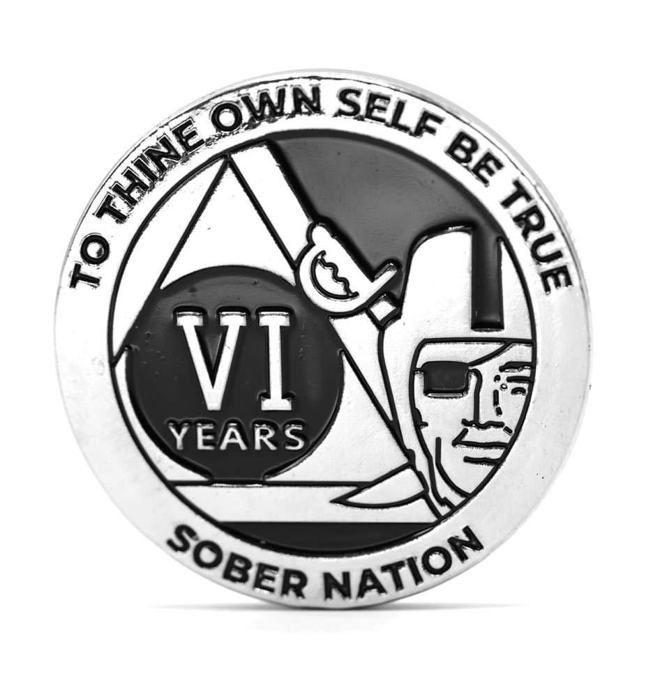 [AUSTRALIA] - MyRecoveryStore Silver and Black Pirate Alcoholics Anonymous AA Chip w/Coin Capsule AA Yearly Medallion 1-50 Years Year 6 