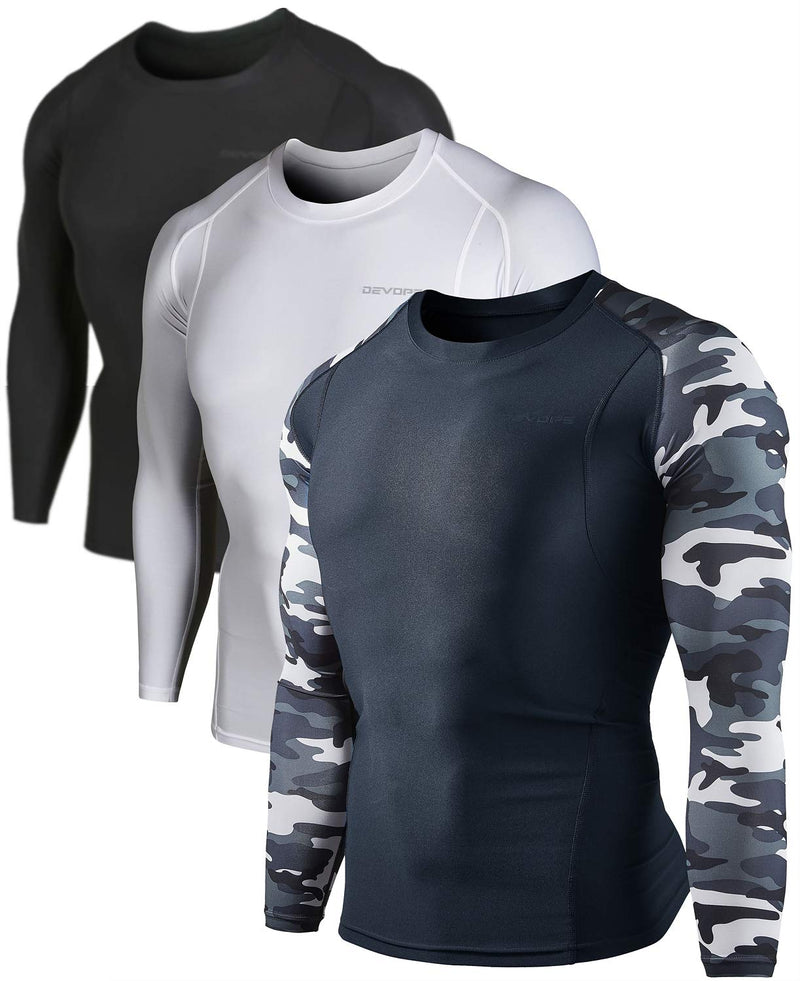 DEVOPS 2~3 Pack Men's Athletic Long Sleeve Compression Shirts Small 1# (3 Pack) Black / Camo Charcoal / White - BeesActive Australia