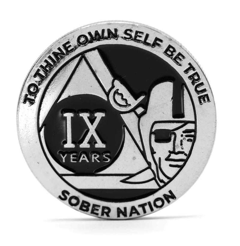[AUSTRALIA] - MyRecoveryStore Silver and Black Pirate Alcoholics Anonymous AA Chip w/Coin Capsule AA Yearly Medallion 1-50 Years Year 9 